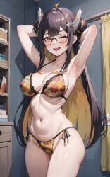 1girls ai_generated black_hair e-sekai eel eel_girl idol-en idol_corp juna_unagi large_breasts light-skinned_female panties virtual_youtuber vtuber yellow_eyes yellow_hair