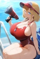 ai_generated ameanon big_breasts blonde_hair blue_eyes breasts cleavage female hololive hololive_english hololive_myth huge_breasts large_breasts lifeguard lifeguard_swimsuit one-piece_swimsuit red_swimsuit sideboob sitting sweat thick_thighs virtual_youtuber visor visor_cap vtuber watson_amelia whistle woman