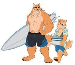 3_toes abs anthro anthropomorphic bara bara_tiddies big_arms big_biceps big_male big_man big_men big_muscles chest clothed crotch_tuft eyebrows fluffy fur furry furry_arms furry_art furry_artwork furry_ears furry_male furry_only furry_tail gay gay_furry gay_male homosexual huge_biceps huge_eyebrows huge_muscles huge_pecs large_biceps large_eyebrows large_muscles large_pecs large_pectorals men men_only muscle muscles muscular muscular_male no_background no_humans paw_beans paws pecs pectorals sfw shirtless simple_background size_difference smile standing surfboard takemoto_arashi takemoto_otake yellow_fur