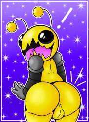 absurd_res acqua_lizard alien alien_hominid alien_hominid_(character) alien_humanoid arthropod ass balls big_balls big_butt black_eyes castle_crashers genitals hi_res humanoid male male/male smile smiles smiling_at_viewer solo space thick_thighs tongue tongue_out wide_hips yellow_body