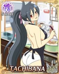 1girls apron ass black_hair breasts food fu-reiji holding_ladle holding_plate kitchen kitchen_utensils ladle large_breasts looking_at_viewer nearly_naked_apron panties plate ponytail red_eyes senran_kagura sink stove tachibana_(senran_kagura) white_panties