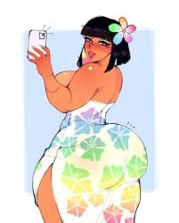 1girls ass big_ass black_hair chubby chubby_female dark-skinned_female dark_skin dat_ass dress female female_only flower_in_hair heart-shaped_pupils hi_res looking_at_viewer looking_back looking_back_at_viewer multicolored_hair nocturne_nsfw phone rainbow_hair red_eyes red_lipstick selfie smiling smiling_at_viewer solo sona_(cinnabus) thick_ass