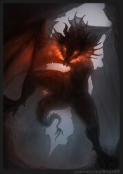 dark_lighting dragon drakeena_(legend0fjan) european_mythology female feral fire genitals glowing glowing_eyes hi_res large_female low-angle_view microsoft mythological_creature mythological_scalie mythology scalie solo sword_draws the_elder_scrolls vulva western_dragon worm's-eye_view wyvern