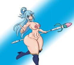 1girls aqua_(konosuba) blue_eyes blue_hair breasts female female_focus female_only goddess high_heel_boots high_heels huge_ass inverted_nipples kono_subarashii_sekai_ni_shukufuku_wo! naked pointing pointing_at_viewer simple_background smile staff