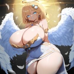 ai_generated ameanon angel angel_wings big_breasts blonde_hair blue_eyes breasts breasts_bigger_than_head bright_pupils center_opening cleavage gigantic_breasts halo hololive hololive_english hololive_myth huge_breasts large_breasts sideboob thick_thighs tight_clothing tight_fit virtual_youtuber vtuber watson_amelia wings