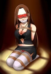 2d 2d_(artwork) bondage bound bound_arms bound_legs breasts brown_hair dankestofdans female female_focus female_only fushimi_chihiro human humanoid light-skinned_female light_skin on_knees persona persona_3 rope rope_between_breasts rope_bondage submissive submissive_female thighs