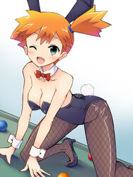 all_fours blush bowtie breasts bunny_costume bunny_ears bunny_tail bunnygirl bunnysuit chro cleavage detached_collar female female_only fishnet_pantyhose green_eyes human human_only kasumi_(pokemon) looking_at_viewer misty_(pokemon) nintendo orange_hair pantyhose pokemon pool_table short_hair solo wink wrist_cuffs