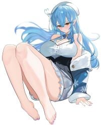 1girls blue_hair clothed clothing cute feet hands_on_floor hololive hololive_japan leaning_back legs long_hair no_male no_sex no_shoes no_socks pink_toenails sitting skirt thighs toes virtual_youtuber white_background yukihana_lamy