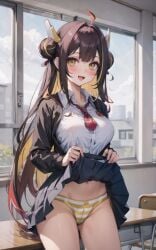 1girls ai_generated black_hair e-sekai eel eel_girl idol-en idol_corp juna_unagi large_breasts light-skinned_female panties skirt_lift virtual_youtuber vtuber yellow_eyes yellow_hair