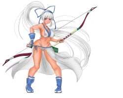 1girls archery arrow_(projectile) big_breasts bikini blue_eyes breasts busty cameltoe child_bearing_hips cleavage covered_erect_nipples curvy dark-skinned_female dark_skin female female_only fighting_stance fingerless_gloves gloves grey_hair hair_ribbon highres large_breasts legs long_hair majikina_mina navel nipples parted_lips ponytail ribbon samurai_shodown sarong see-through serious sideboob snk solo swimsuit thighs thong_bikini very_long_hair white_bikini