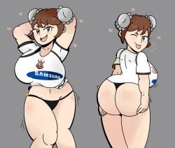 artist_on_twitter asian asian_female ass ass_focus black_panties blinking brazil brazilian brown_eyes brown_hair capcom corinthian_helmet corinthians fanart fanart_from_twitter fighting_game grey_background laranxart looking_at_viewer looking_back no_pants panties panties_only remake self_upload shirt shirt_only simple_background soccer soccer_uniform sports_uniform street_fighter street_fighter_6 street_fighter_v thicc thick thick_ass thick_legs thick_thighs tongue tongue_out