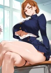 :3 ai_generated big_ass big_breasts classroom confident_female fat_ass fat_butt femdom from_below huge_breasts jujutsu_kaisen kugisaki_nobara legs_crossed looking_down_at_viewer low-angle_view mischievous_smile nobaralover pantyshot pantyshot_(sitting) school school_uniform schoolgirl seductive seductive_look seductive_smile sitting_on_desk smirk smirking smirking_at_viewer smug smug_expression smug_eyes smug_face smug_smile teasing teasing_viewer thick_ass thick_legs thick_thighs toned_legs underboob