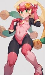 1girls ai_generated cameltoe capcom female_focus gloves green_eyes helmet latex_suit mega_man mega_man_battle_network roll.exe small_breasts suit