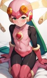 1girls ai_generated blush cameltoe capcom female_focus gloves green_eyes helmet knees latex_suit mega_man mega_man_battle_network roll.exe small_breasts suit