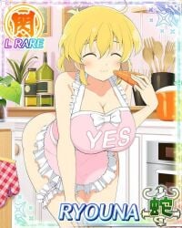 1girls apron blonde_hair breasts carrot closed_eyes cooking_pot food fu-reiji holding_carrot kitchen kitchen_utensils large_breasts naked_apron oven oven_mitts plants ryouna_(senran_kagura) senran_kagura short_hair