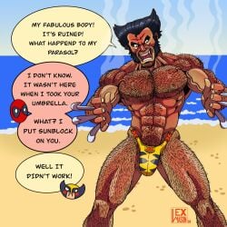 2boys bara beach claws deadpool dialogue english_text gay hairy hairy_male lex_mason male male_only male_swimwear marvel marvel_comics muscular_male nipples outdoors red_mask sand sunburn water wolverine_(x-men) x-men