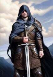 1boy 2024 ai_generated armor avaru blue_clothing bracers chainmail cloak clothed clothing fantasy hood human human_only humanoid male male_only obscured_eyes pauldrons solo stubble sword