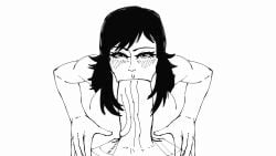 :>= animated big_penis blowjob denji_(chainsaw_man) eye_contact female fumiko_mifune_(chainsaw_man) kiryusaki monochrome sloppy sucking_penis