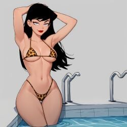 ai_generated ass_focus bent_over bikini black_hair blue_eyes breasts cleavage dc dc_comics female female_focus female_only leopard_print_bikini lois_lane lois_lane_(dcau) long_hair looking_at_viewer petite_female pool poolside superman:_the_animated_series superman_(series) swimsuit thick_thighs thighs