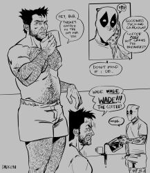 beard blush bottomless bulge coffee coffee_mug cup daekiyu deadpool deadpool_&_wolverine_(2024) dialogue english_text erection_under_clothes gay hairy holding_object leg_hair looking_at_another male male/male male_underwear marvel marvel_comics muscular_male pectorals scar wolverine_(x-men) x-men yaoi