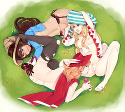 3girls barefoot black_legwear black_mage black_mage_(fft) blonde_hair blue_eyes brown_hair cape cunnilingus daisy_chain derivative_work dildo female final_fantasy final_fantasy_tactics fingering garter_belt garter_straps group_sex hat hat_feather long_hair loyproject multiple_girls nipples open_clothes oral orange_hair pubic_hair pussy red_mage sex small_breasts spread_legs striped striped_legwear tan thighhighs threesome tied_hair toes tongue tongue_out torn_clothes torn_thighhighs triangle twintails vertical-striped_legwear vertical_stripes vibrator white_mage white_mage_(fft) wizard_hat yuri