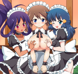 3girls alternate_breast_size apron big_breasts blue_eyes blue_hair blush breast_grab breasts brown_hair chro dark-skinned_female dark_skin dawn_(pokemon) female female_only hand_bra human human_only iris_(pokemon) large_breasts lesbian long_hair maid may_(pokemon) multiple_females nintendo pokemon pokemon_(anime) pokemon_champion purple_hair red_eyes ribbon short_hair skirt small_breasts smile thighhighs yuri