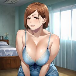 ai_generated bedroom brown_eyes brown_hair jujutsu_kaisen kugisaki_nobara large_breasts looking_at_viewer nightgown pressing_breasts short_hair stable_diffusion