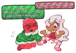 2girls annoyed autisticly_approved bite_mark blush bobette_(dandy's_world) christmas_ornaments colored dandy's_world digital_drawing_(artwork) ginger_(dandy’s_world) gingerbread_cookie nervous_sweat no_sex one_eye_visible red_body sfw sosyaloh sweat sweater technically_bald text text_bubble white_hair yummers