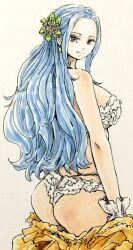 alternate_costume ass bare_shoulders blue_hair closed_mouth commentary_request eyelashes female female_only flower grey_eyes hair_flower hair_ornament highres long_hair looking_back nefertari_vivi one_piece puipui puipui_(gamename) simple_background solo white_background