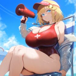 ai_generated big_breasts blonde_hair blue_eyes breasts cleavage female hololive hololive_english hololive_myth huge_breasts large_breasts lifeguard lifeguard_swimsuit one-piece_swimsuit red_swimsuit sideboob sitting sweat thick_thighs virtual_youtuber visor visor_cap vtuber watson_amelia whistle