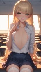 1girls ai_generated areola areola_slip areolae areolae_slip artist_upload bangs blonde_hair blush breasts classroom collarbone erdinand eyebrows eyebrows_visible_through_hair eyelashes female female female_focus female_only flat_chest flat_chested green_eyes long_hair looking_at_viewer miniskirt on_desk peace_sign rolled_up_sleeves school_uniform schoolgirl shirt_open sitting small_breasts smile solo solo_female solo_focus straight_hair thighhighs unbottoned_shirt window