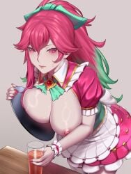 big_breasts breasts_out cafe_cutie_sivir cafe_cuties_series female female_only huge_breasts kumiko_(aleron) league_of_legends long_fingernails long_nails maid nail_polish painted_fingernails painted_nails pink_hair riot_games serving_food serving_tray sivir sweat