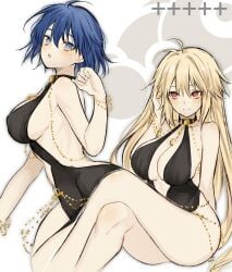 2girls alternate_costume antenna_hair archetype_earth arcueid_brunestud backless_dress backless_outfit bare_shoulders bb_dubai_(fate) bb_dubai_(fate)_(cosplay) black_dress blonde_hair blue_eyes blue_hair blush breasts ciel_(tsukihime) cleavage collarbone commentary_request cosplay dainatsu dress fate/grand_order fate_(series) grey_background hair_between_eyes highres invisible_chair large_breasts long_hair looking_at_viewer medium_breasts multiple_girls red_eyes short_hair sitting smile thighs tsukihime tsukihime_(remake) very_long_hair