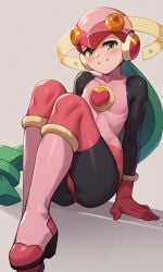 1girls ai_generated blush bodysuit boots cameltoe capcom female female_focus gloves green_eyes helmet latex_suit legs_together looking_at_viewer mega_man mega_man_battle_network roll.exe sitting small_breasts solo suit