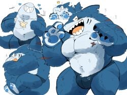 2021 anthro blue_body blue_fur bulge closed_eyes clothed clothing digital_media_(artwork) disembodied_hand duo fish fur furred_marine furred_shark gills heart_symbol humanoid_hands hyaku_(artist) kemono male marine multiple_poses musclegut muscular muscular_anthro muscular_male open_mouth open_smile pawpads pecs pose scar shark sharp_teeth simple_background smile solo_focus teeth underwear underwear_only white_background