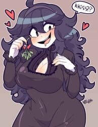 artist_signature black_dress dark_hair hearts_around_head hex_maniac kaibuzetta mistletoe speech_bubble wholesome