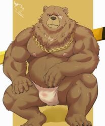 anthro asian_clothing bear belly ben_bigger biceps brown_body brown_fur bulge clothing east_asian_clothing facial_scar fundoshi fur hfengfffff hi_res japanese_clothing jewelry male male_only mammal mihoyo missing_eye musclegut muscular navel necklace nipples pecs scar solo underwear zenless_zone_zero