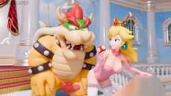 1boy 1girls 3d 3d_model 3d_render aceclaper blender blender_(software) blender_cycles bowser breasts cuckold cuckquean dragon female leaning_on_object lingerie male mario_(series) monster monster_cock mushroom nintendo princess_peach socks