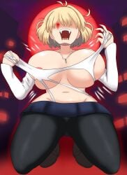 ahoge alternate_breast_size angry arcueid_brunestud areolae background big_breasts big_breasts black_leggings blonde_hair blue_skirt boots breasts breasts_bigger_than_head city color fangs huge_boobs huge_breasts huge_breasts imstupid13 large_boobs large_breasts large_tits leggings low-angle_view mad melty_blood meme meme_reference necklace nipple_slip nipples nipples_visible_through_clothing red_eyes sharp_claws sharp_teeth short_hair skirt sweater tearing_clothes tearing_clothing top_heavy torn_clothes torn_clothing tsukihime vampire vampire_girl