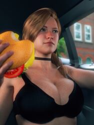 1girls 3d 3d_(artwork) big_breasts breasts burger bust busty car chest cleavage curvaceous curvy curvy_figure female food freckles ginger ginger_hair hips hourglass_figure huge_breasts large_breasts legs light-skinned_female light_skin mature mature_female morgan_tylle_(word2) original original_character red_hair slim_waist word2