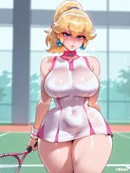 1girls ai_generated blonde_hair breasts difuxer female female_only large_breasts light-skinned_female light_skin looking_at_viewer mario_(series) nintendo princess_peach see-through solo super_mario_bros. tennis_court tennis_racket tennis_uniform thick_thighs thighs wide_hips