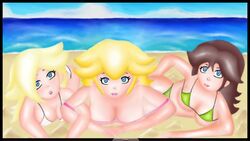 artist_request ass_grab beach bikini cleavage female female_only human mario_(series) miiverse multiple_girls nintendo princess_daisy princess_peach princess_rosalina sand smiling surprised yuri