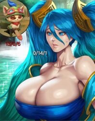 ai_generated background big_breasts blue_dress blue_hair breasts_bigger_than_head bulging_breasts cleavage close-up clothed_breasts clothed_female cock cock_out collarbone edited exposed_shoulders gigantic_breasts huge_boobs huge_breasts huge_cleavage imminent_death imminent_rape imminent_sex kda large_breasts large_penis league_of_legends massive_breasts nervous river scared sona_buvelle sweatdrop teemo tight_clothing tight_dress