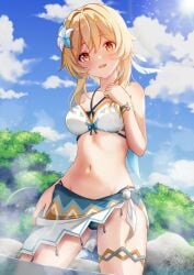 1girls 2024 2d 2d_(artwork) alternate_costume artist_request belly_button bikini bikini_bottom bikini_top blonde_hair clouds day female female_focus female_only flowers flowers_in_hair front_view genshin_impact high_resolution highres light-skinned_female light_skin looking_at_viewer lumine_(genshin_impact) medium_breasts navel official_alternate_costume outdoors short_hair sky slim_girl smiling smiling_at_viewer solo solo_female solo_focus standing standing_in_water swimsuit thong thong_bikini water yellow_eyes young younger_female