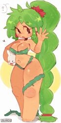 big_ass big_breasts bikini_top bottom_heavy bunny dryad_(terraria) earrings freckles green_hair kawooshy plant_clothing plant_girl simple_background terraria thick_legs thick_thighs thong wide_hips