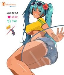 ass ass_focus attractive bitch brazil brazilian brazilian_female brazilian_miku breasts dark-skinned_female dark_skin earrings female female_focus glass_table gyaru hatsune_miku highres ishowgiantess jeans_shorts jewelry large_breasts legs long_hair perfect perfection provocating provocative sexually_suggestive shorts strip_game vocaloid