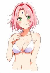 1girls ai_assisted bare_arms bare_belly bare_shoulders belly_button bikini blush bodystocking breasts cleavage closed_mouth collarbone female female_only forehead_mark green_eyes hairband jei_games medium_breasts naruto pink_hair sakura_haruno short_hair sideboob solo wet_body wet_hair white_bikini