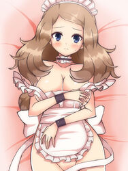 apron bad_censor blue_eyes blush bow breasts brown_hair censored chro cleavage covered_nipples covering covering_crotch female human human_only large_breasts long_hair looking_at_viewer maid nintendo pokemon pokemon_xy serena_(pokemon) solo