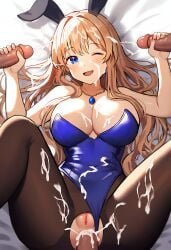 ai_generated anal anal_sex another_eden blonde_hair blue_eyes bukkake covered_in_cum cum_in_pussy cum_on_clothes cum_on_face cumshot gangbang handjob handjob_while_penetrated large_breasts nai_diffusion on_back on_bed pantyhose playboy_bunny rabbit_ears shanie_(another_eden) wink