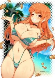 1girls bikini bracelets breasts choker coins earrings female female_only green_bikini green_swimsuit highleg highleg_bikini highleg_swimsuit large_breasts long_hair looking_at_viewer midriff money nami nami_(one_piece) navel one_piece orange_hair painted_fingernails side-tie_bikini side-tie_swimsuit striped_bikini swimsuit tattoo tattooed_arm virus-g yellow_eyes